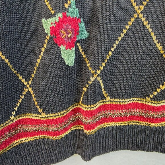 80s Holiday Argyle Christmas Poinsettia Sweater Medium Koret Holiday Festive - Picture 3 of 6